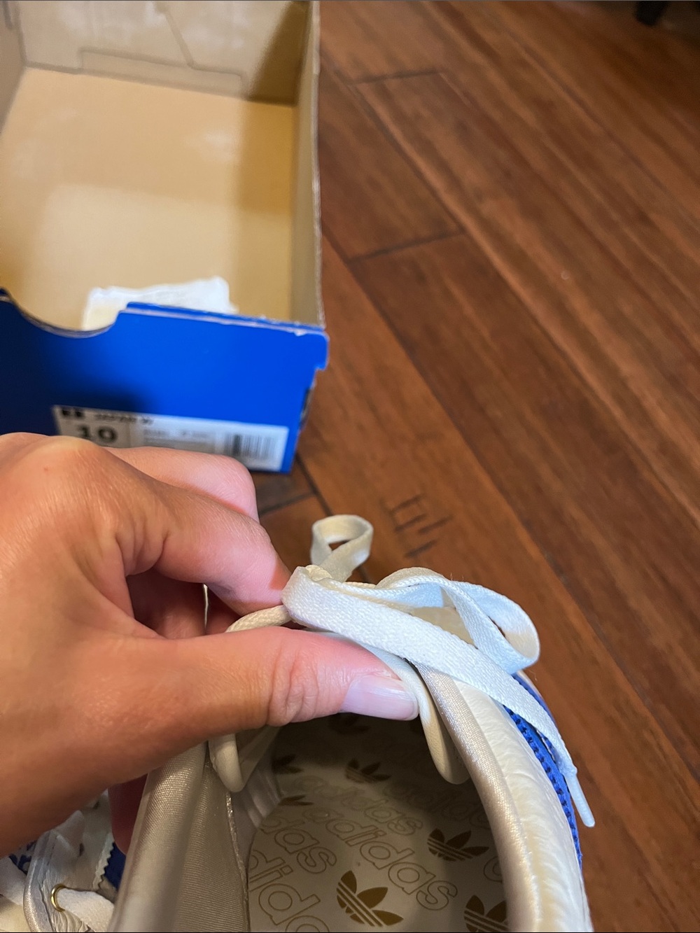 adidas womens japan White Leather Sneakers with Blue Stripes and Yellow Gum Sole - Picture 7 of 14
